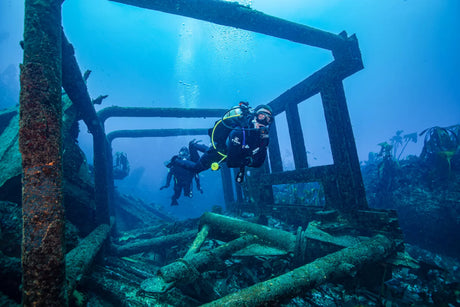 Divers Exploring the Famous Bos400 wreck in Cape Town