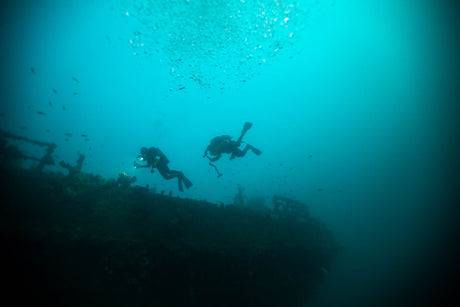 Nitrox divers exploring the deeper wrecks in cape town