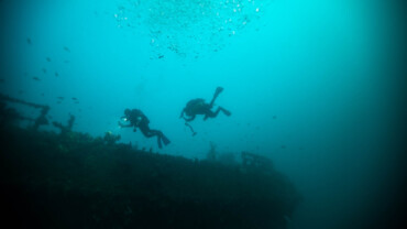 Divers exploring a 30m deep wreck in Cape Town