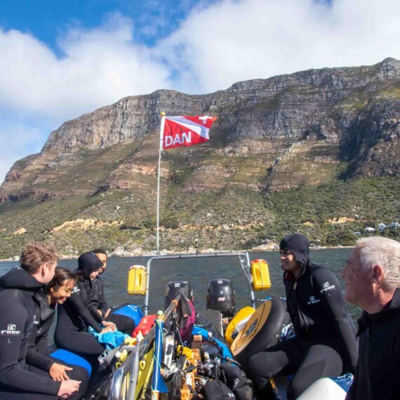 Scuba divers on the boat in Cape Town
