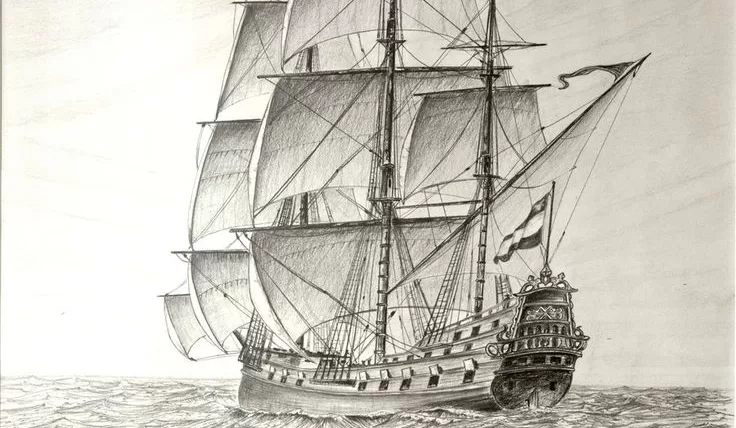 Pen drawing of a 17th century Dutch ship from the VOC