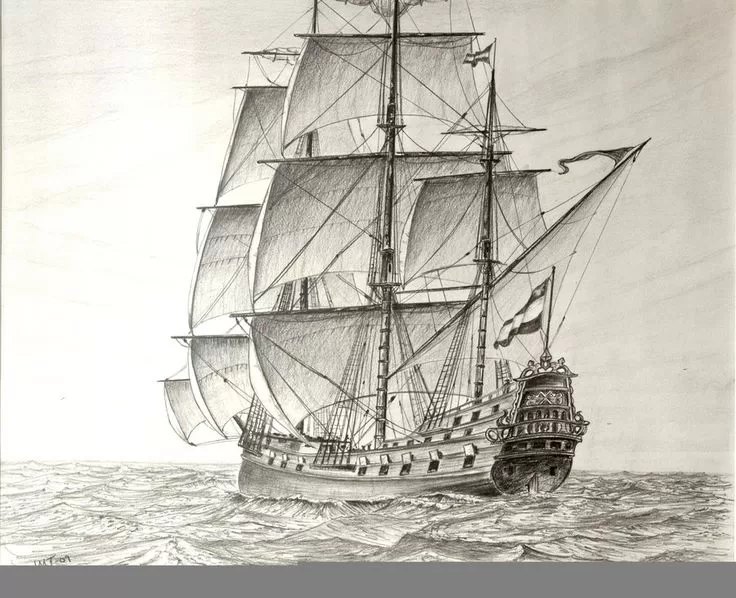 Pen drawing of a 17th century Dutch ship from the VOC
